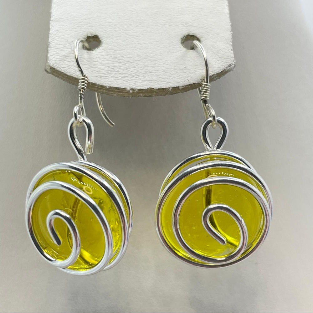Vintage Mexico Silver Yellow Glass Wire Wrap Dangle Earrings Boho Southwestern
